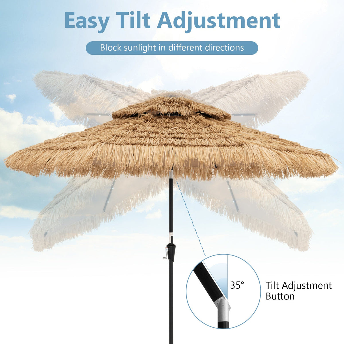 9 Feet Solar Powered Thatched Tiki Patio Umbrella with Led Lights.
