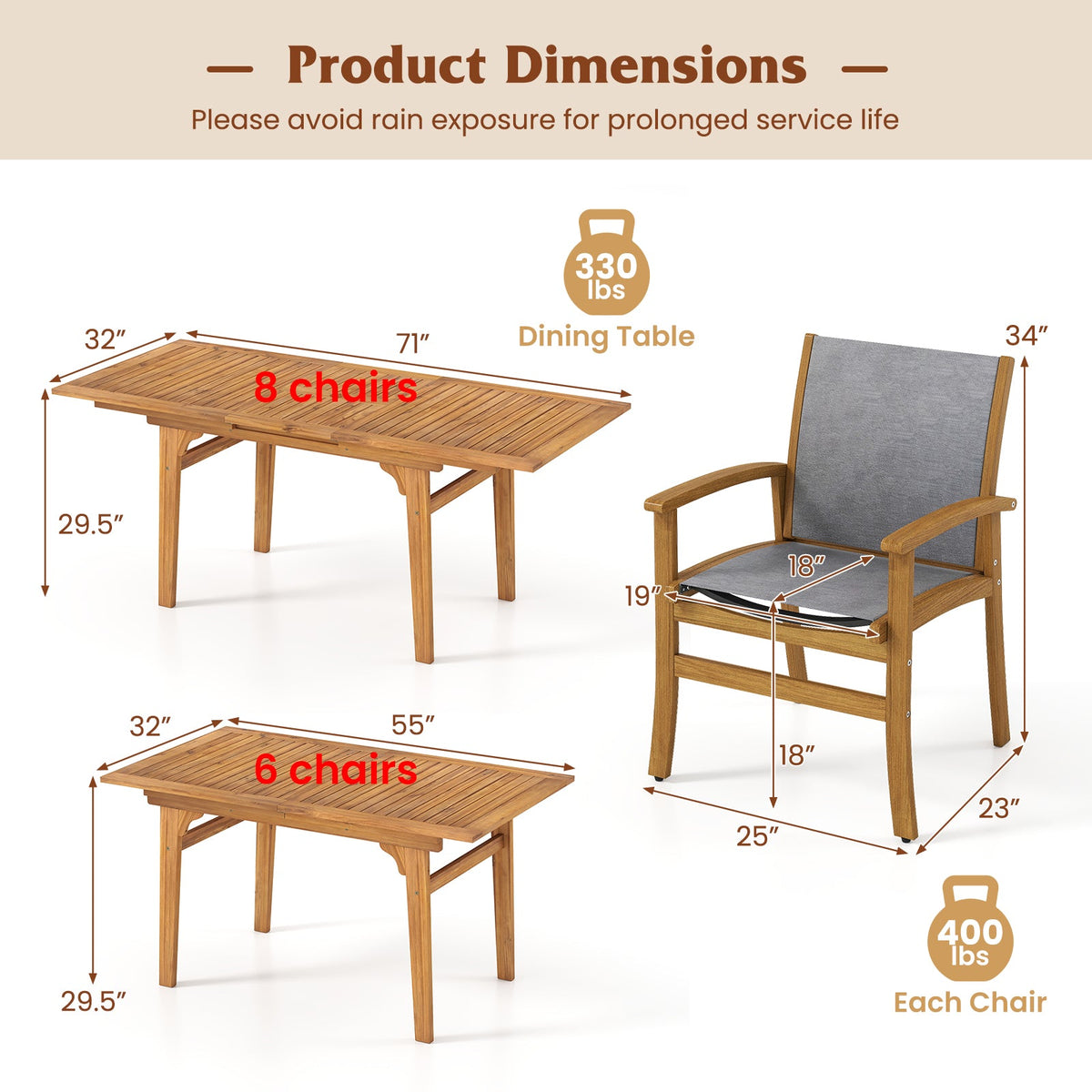 9 Pieces Acacia Wood Patio Dining Set for 6