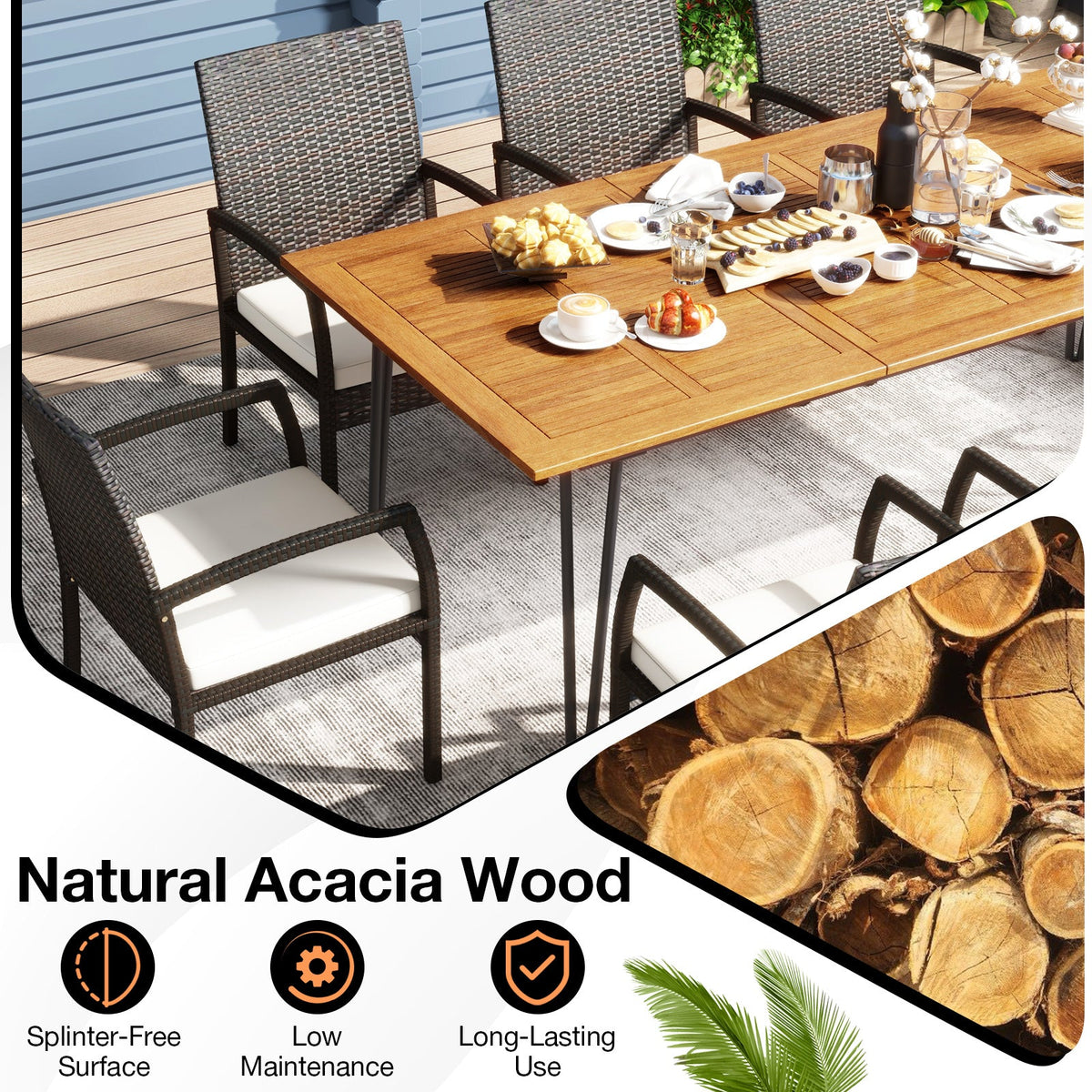 9 Pieces Outdoor Patio Dining Set with Soft Cushions and Acacia Wood Square Table
