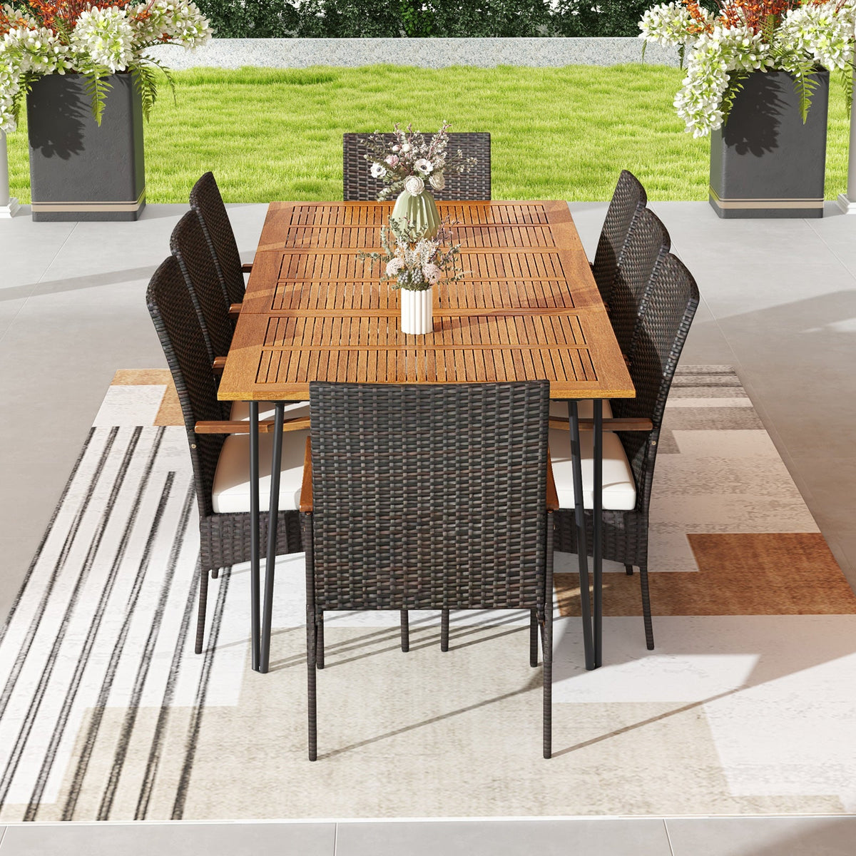 9 Pieces Outdoor Patio Dining Set with Soft Cushions and Umbrella Hole