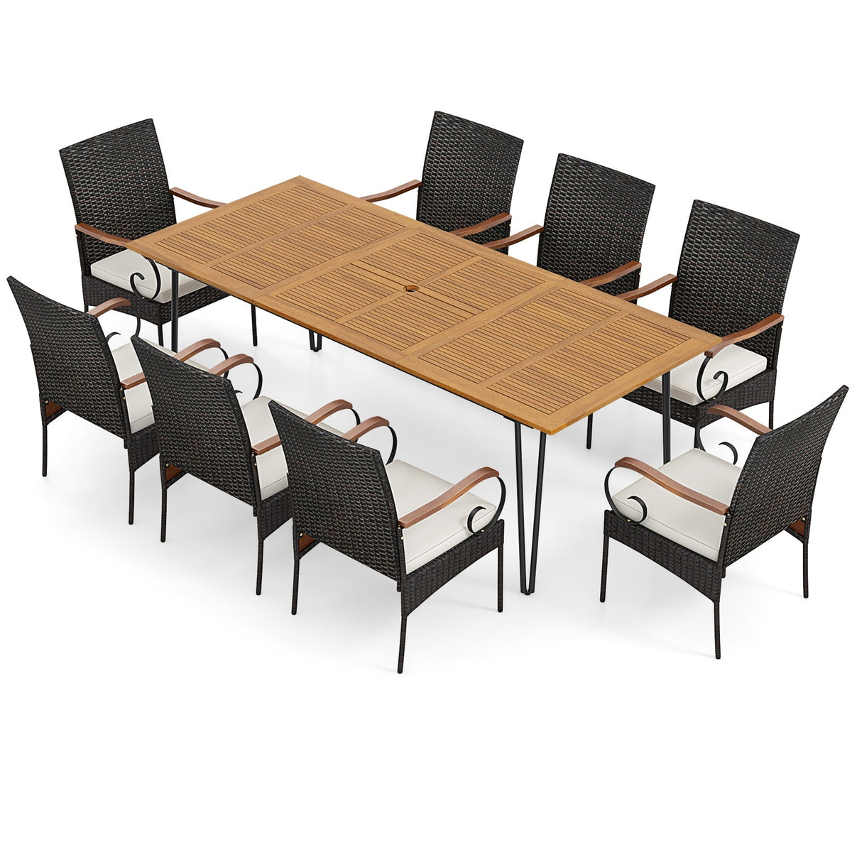 9 Pieces Outdoor Patio Dining Set with Soft Cushions and Umbrella Hole