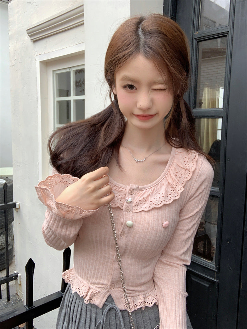 Slim Fit All-matching Long Sleeve Top Ruffled Knitted Cropped T-shirt Tide