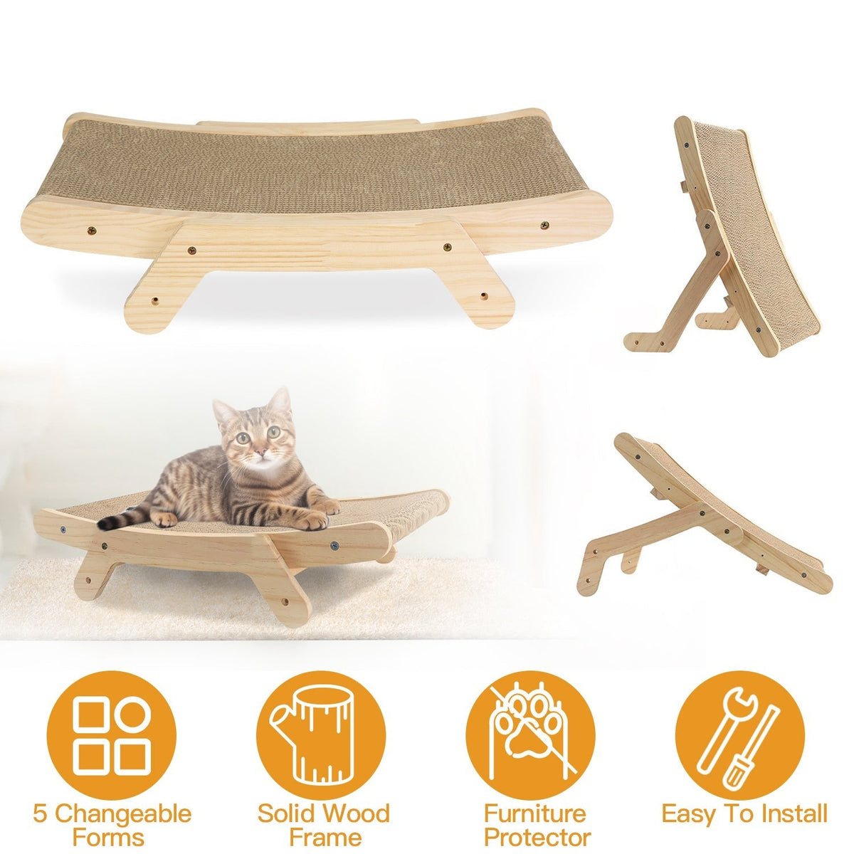 5 Changeable Forms Cardboard Cat Scratcher Double-Sided Cat Scratching Pad With Solid Wood Structure Indoor Reversible Cat Scratcher Lounge