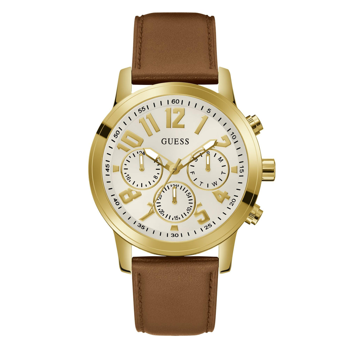 GUESS Mens 44mm Watch - Brown Strap White Dial Gold-Tone Case