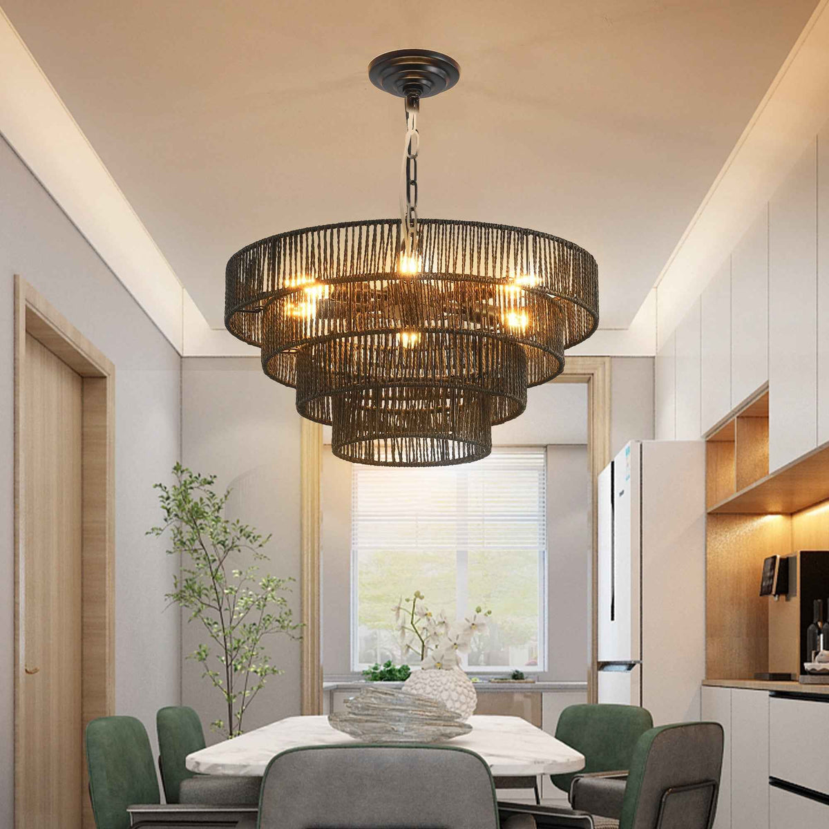 Rustic 4-Tier Black Hemp Rope Chandelier with 6 E12 Sockets, UL Listed