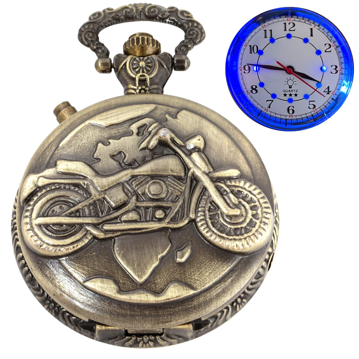 Cool Motorcycle Design Pocket Watch with LED Lights Creative Quartz Arabic Numeral Dial for Mens Pocket Watch