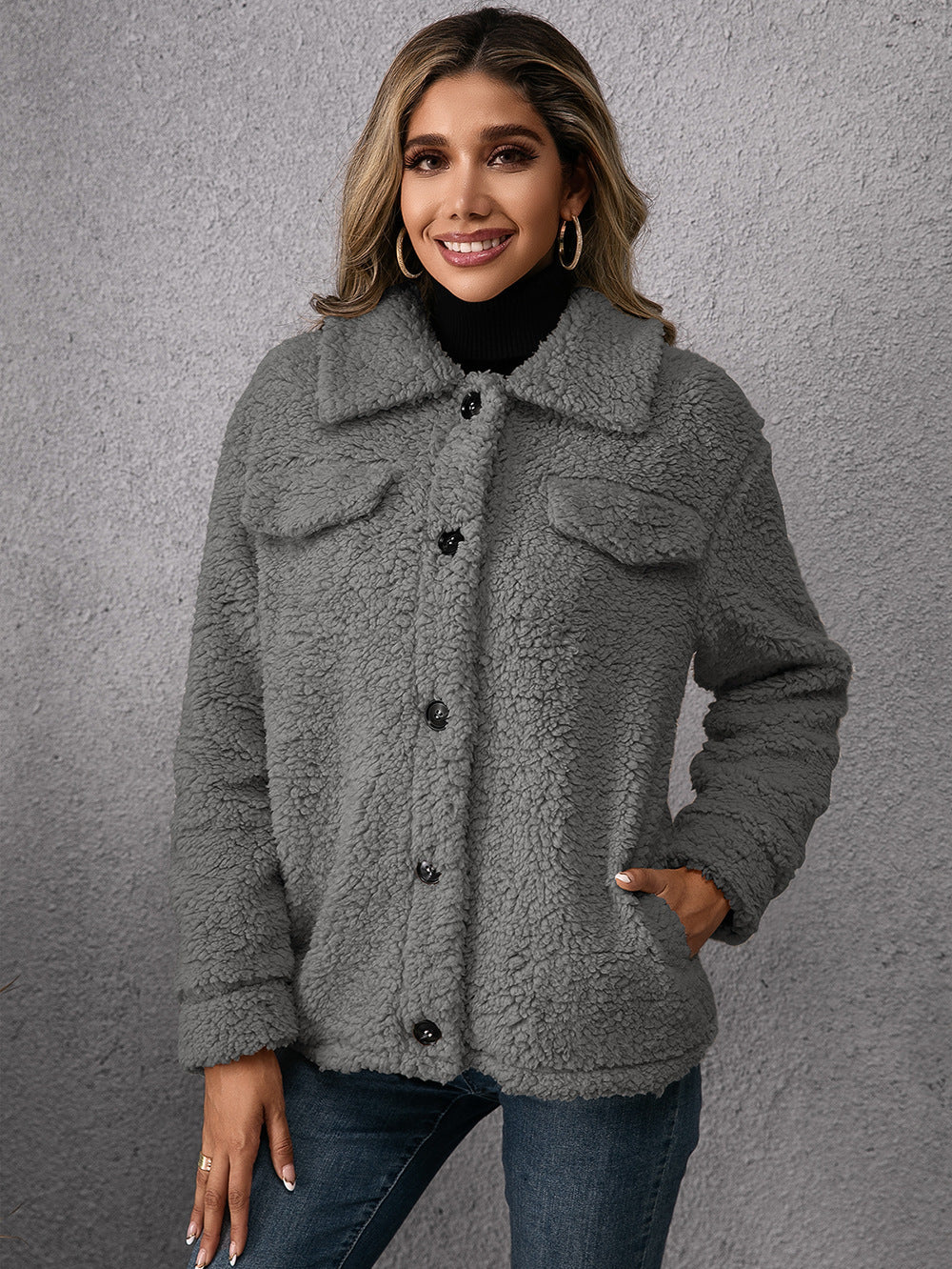 Lapel Single-breasted Fleece Coat Winter Warm Button Pocket Short Jacket Top Women Clothing My Store