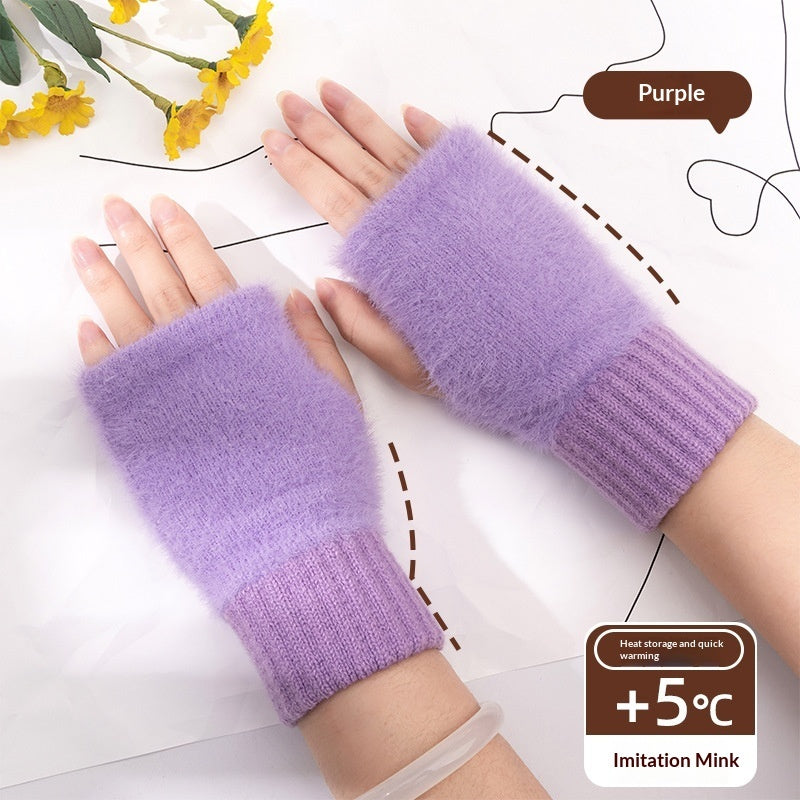 Women's Half-finger Plush Thermal Knit Gloves