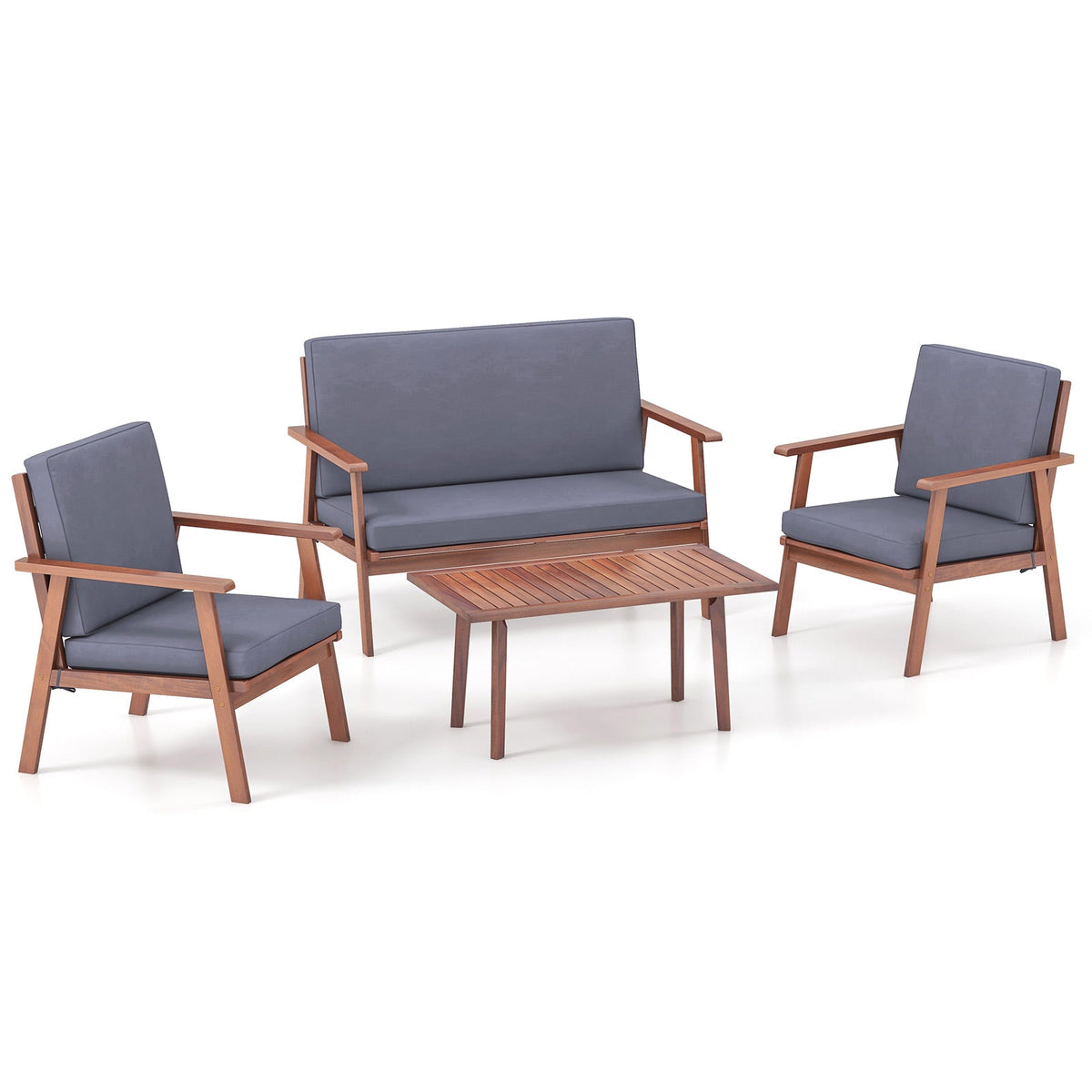 4 Piece Outdoor Acacia Wood Conversation Set with Soft Seat and Back Cushions