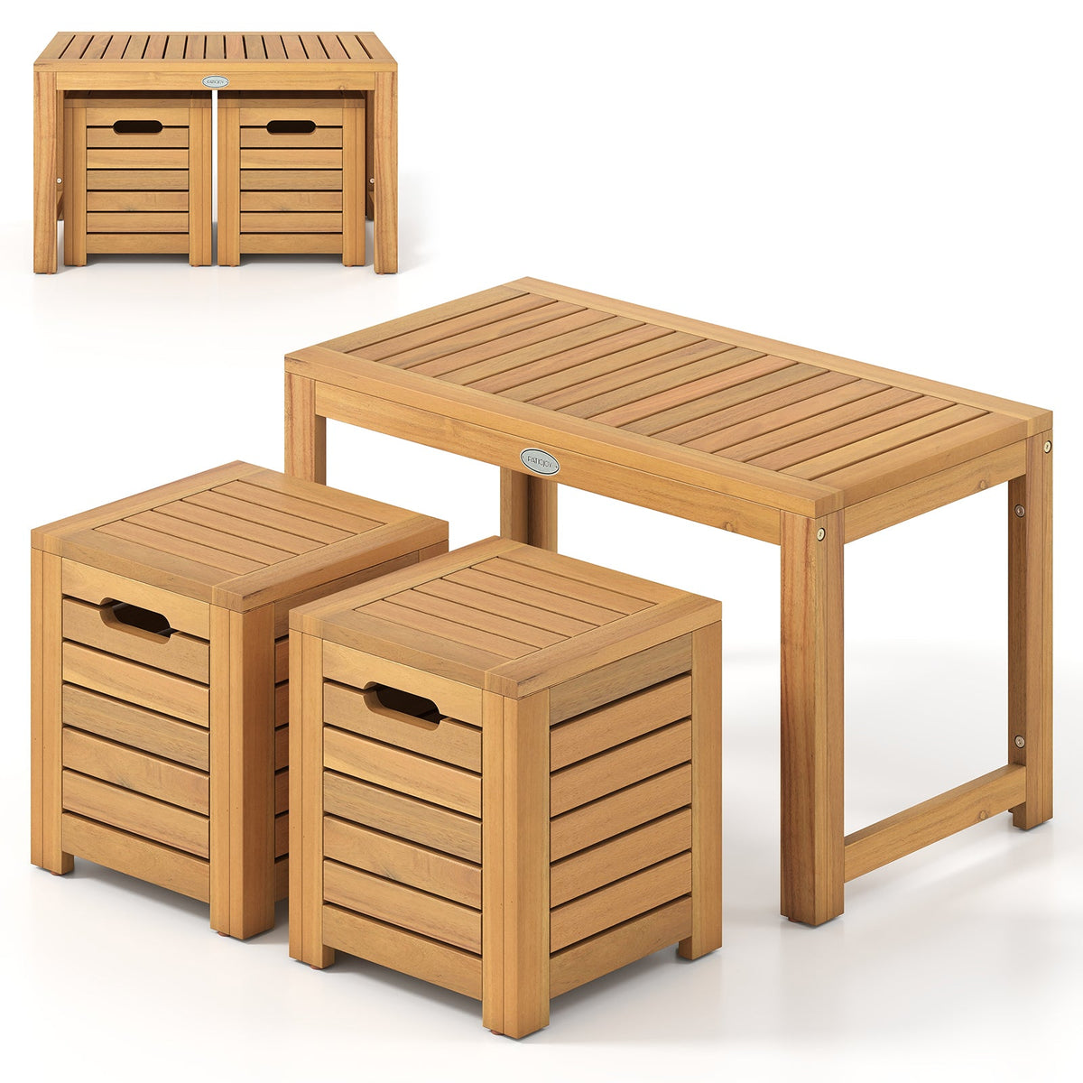 Acacia Wood Outdoor Coffee Table with Stools Set of 2 3 Pieces Patio Table and Stools Set