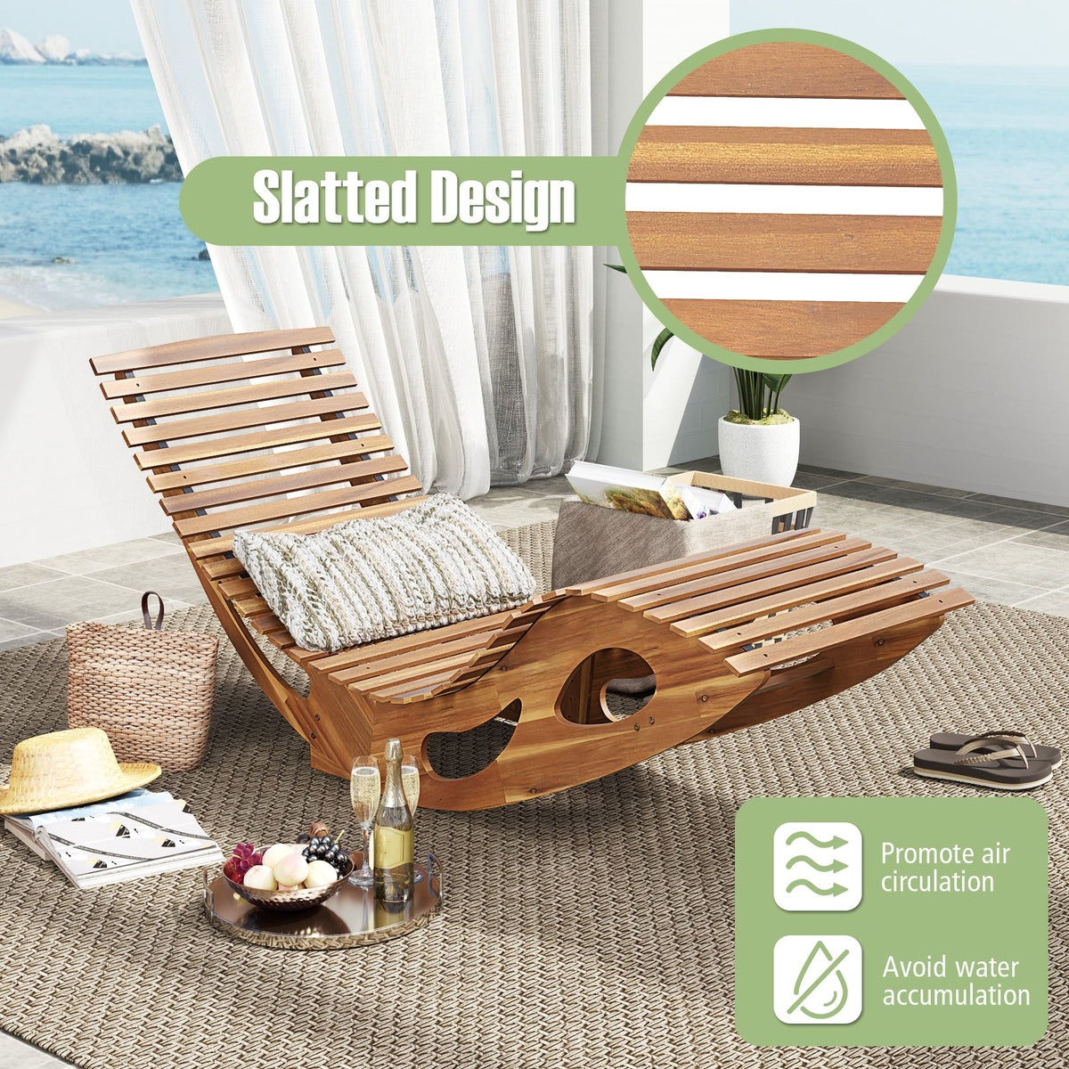 Acacia Wood Patio Rocking Sun Lounger Chaise Lounge with Ergonomic Curved Seat