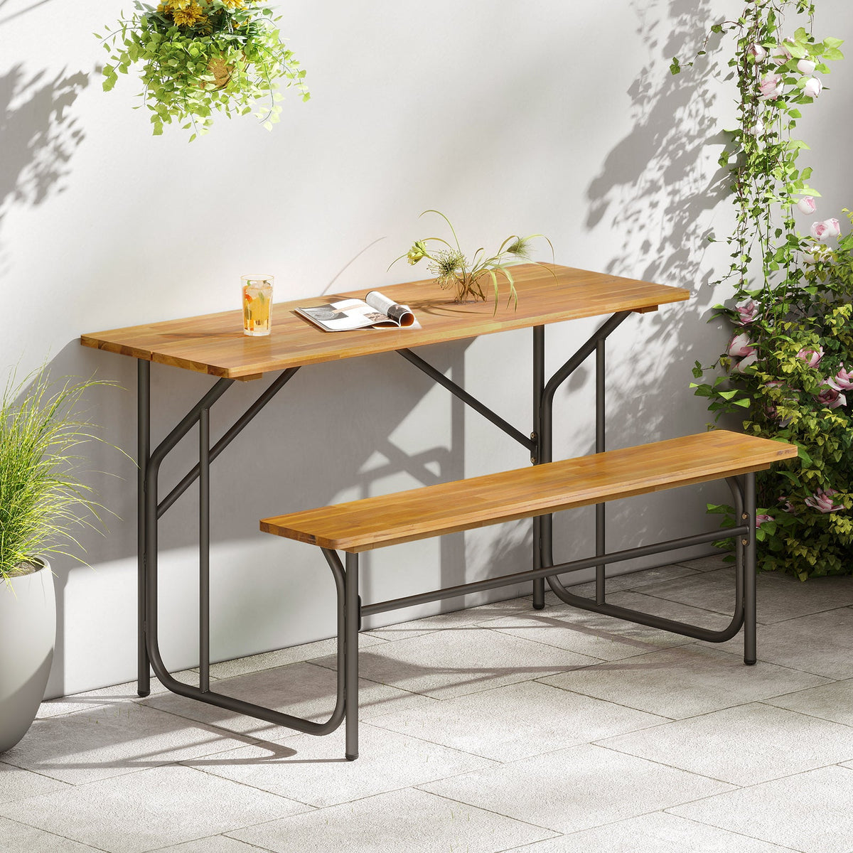 Acacia Wood Patio Table Bench for 2 People One-Side Picnic Table