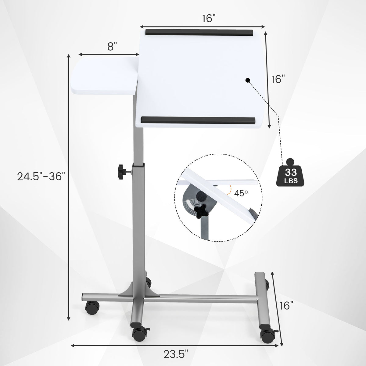 Adjustable Angle Height Rolling Laptop Table