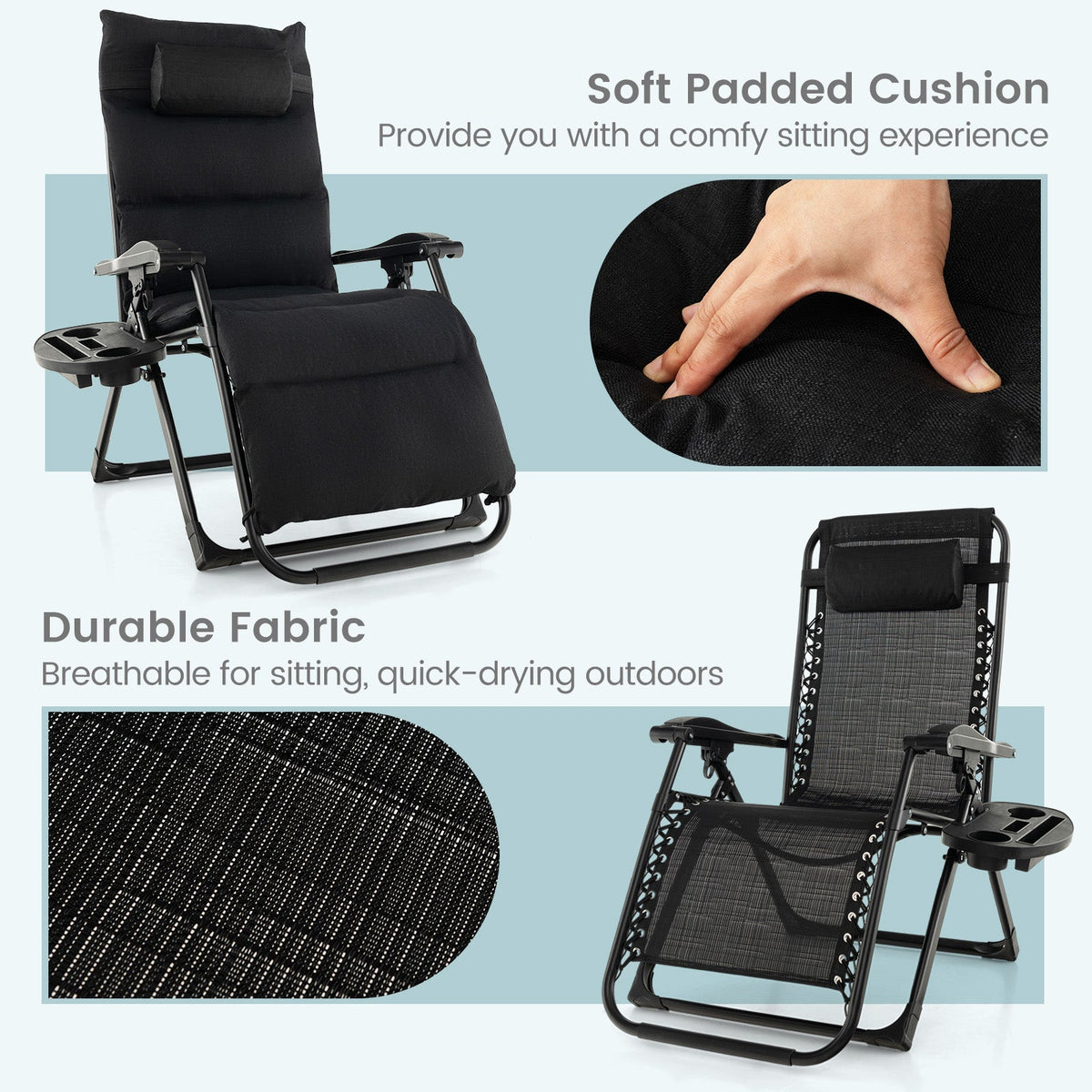 Adjustable Metal Zero Gravity Lounge Chair with Removable Cushion and Cup Holder Tray