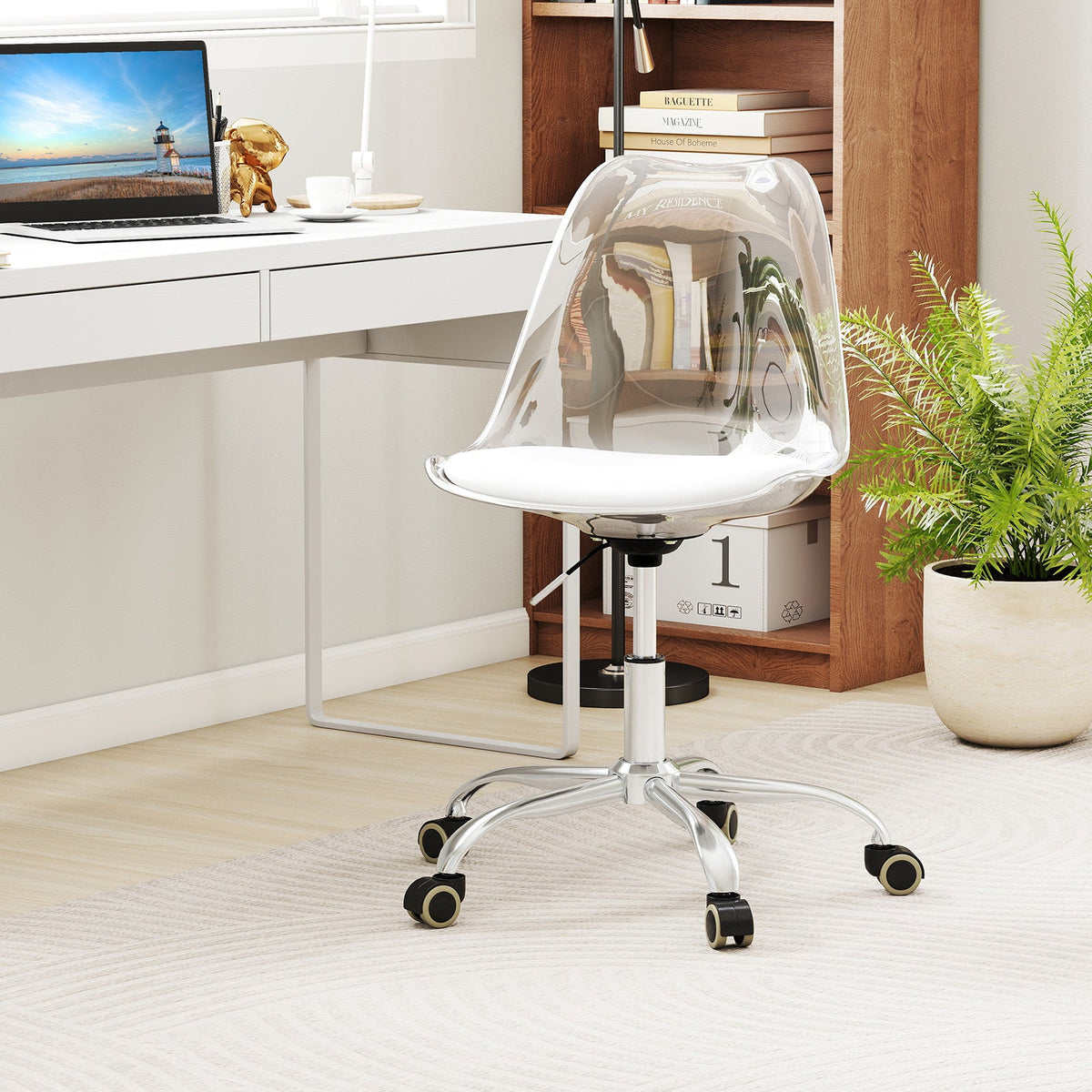 Armless Rolling Office Chair with Swivel Seat and PU Leather Cushion-Clear