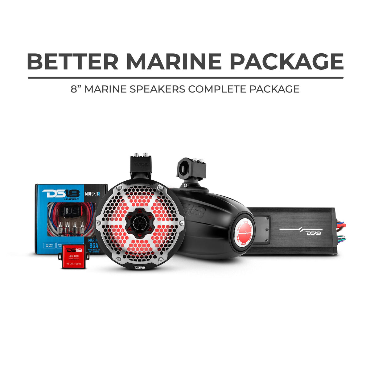 DS18 Better Marine Stereo Package 2 x 8” Speaker Tower | 1 x 2 Ch Amplifier | 1 x MOFCKIT8 and 1 x LED-BTC DS18