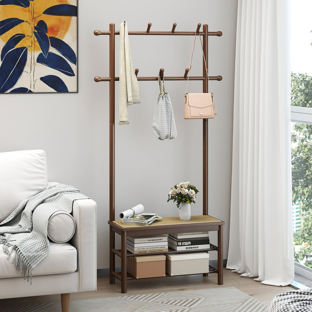 Bamboo Coat Rack PE Rattan Hall Tree with Bench and Shoe Storage 3-In-1 Entryway Bench
