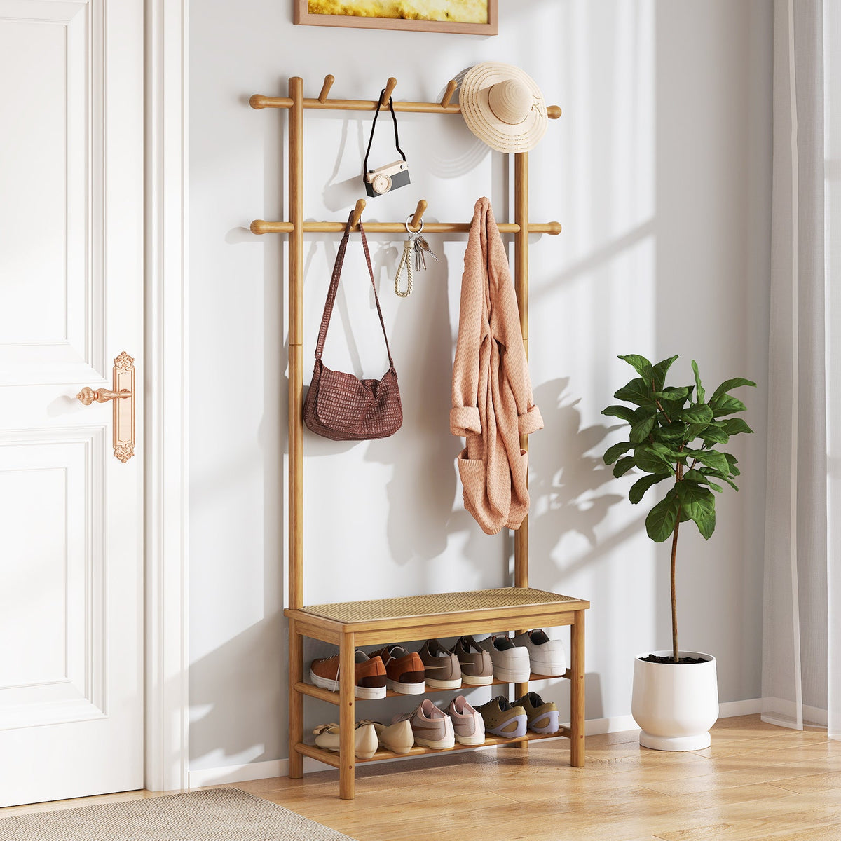 Bamboo Coat Rack PE Rattan Hall Tree with Bench and Shoe Storage 3-In-1 Entryway Bench