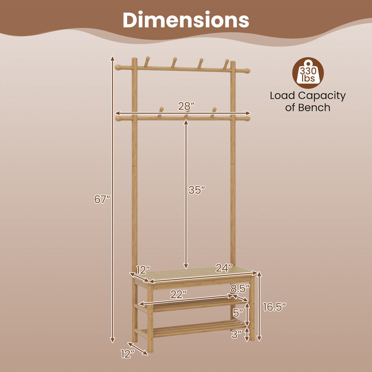 Bamboo Coat Rack PE Rattan Hall Tree with Bench and Shoe Storage 3-In-1 Entryway Bench