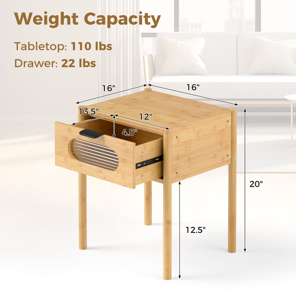 Bamboo Nightstand Square Tall End Table with Decorated Drawer-Natural