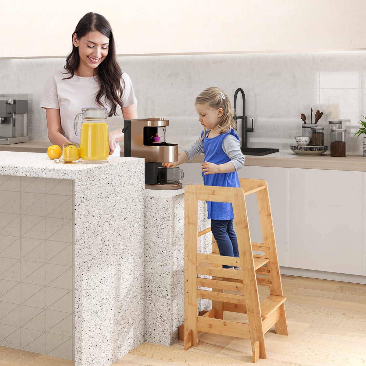 Bamboo Kids Kitchen Step Stool with Adjustable Height and Safety Rails-Natural