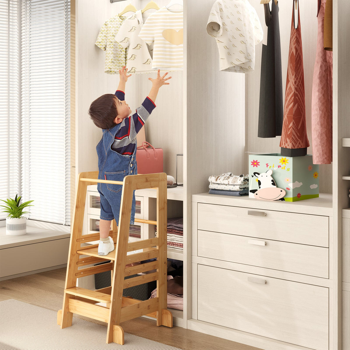 Bamboo Kids Kitchen Step Stool with Adjustable Height and Safety Rails-Natural
