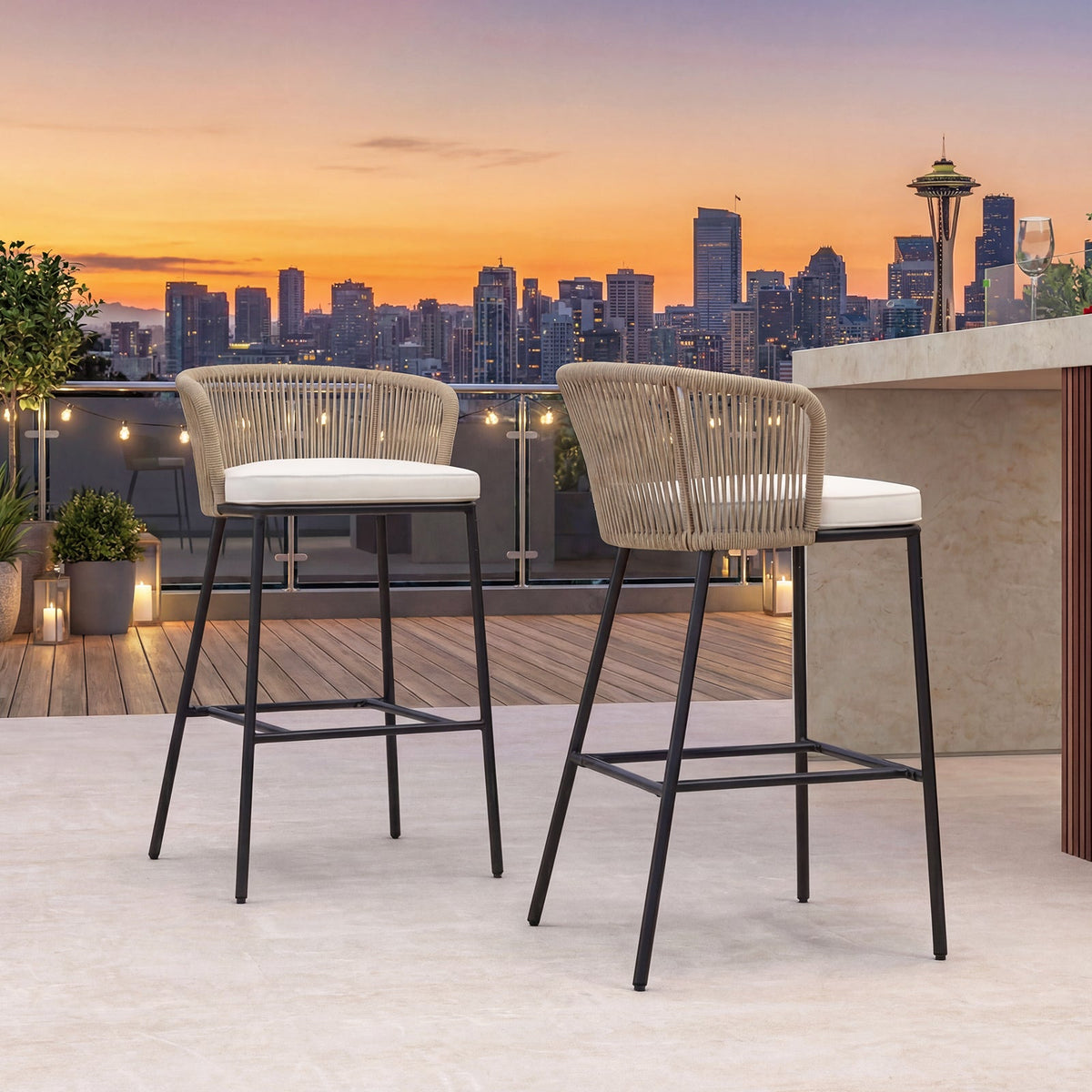 Bar Height Woven Rope Patio Chairs Set of 2-White