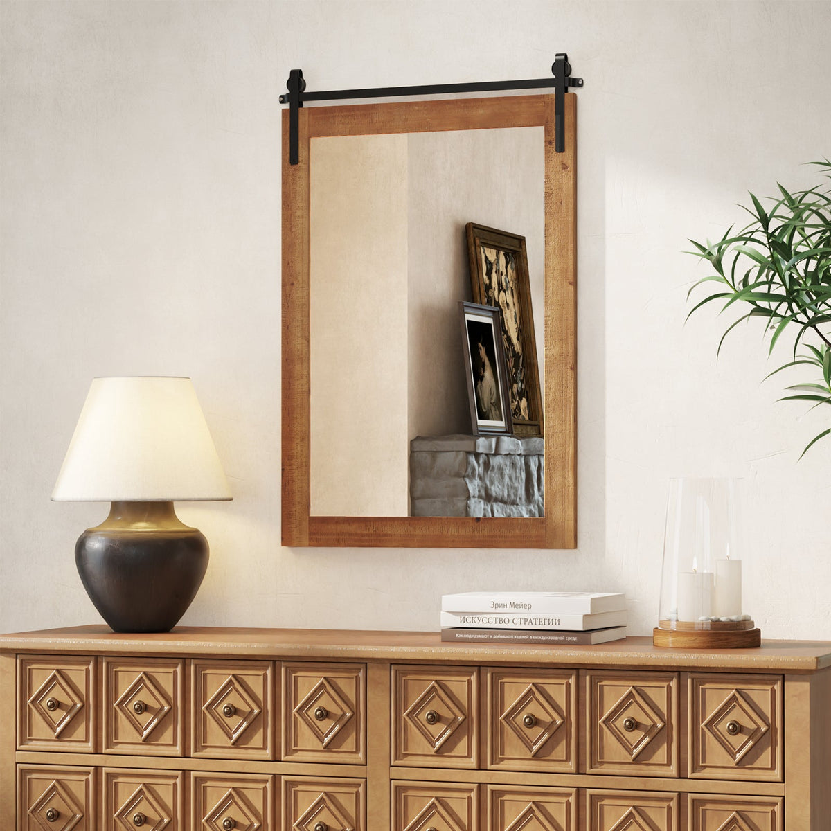 Rustic Wood Frame Barn Door Style Farmhouse Wall Mirror DirectDeals