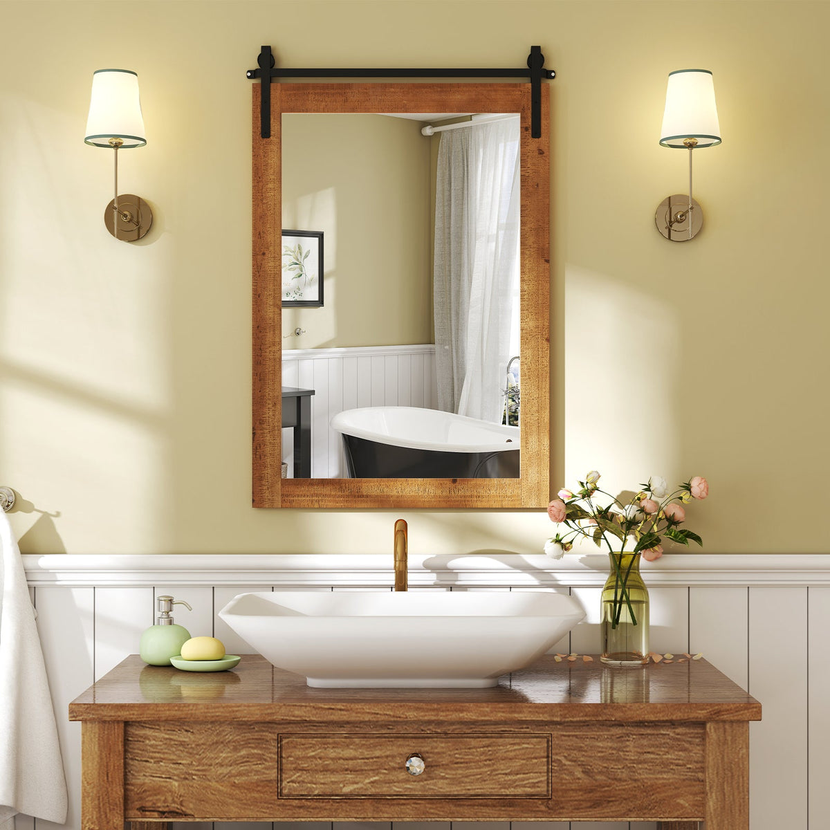 Rustic Wood Frame Barn Door Style Farmhouse Wall Mirror DirectDeals