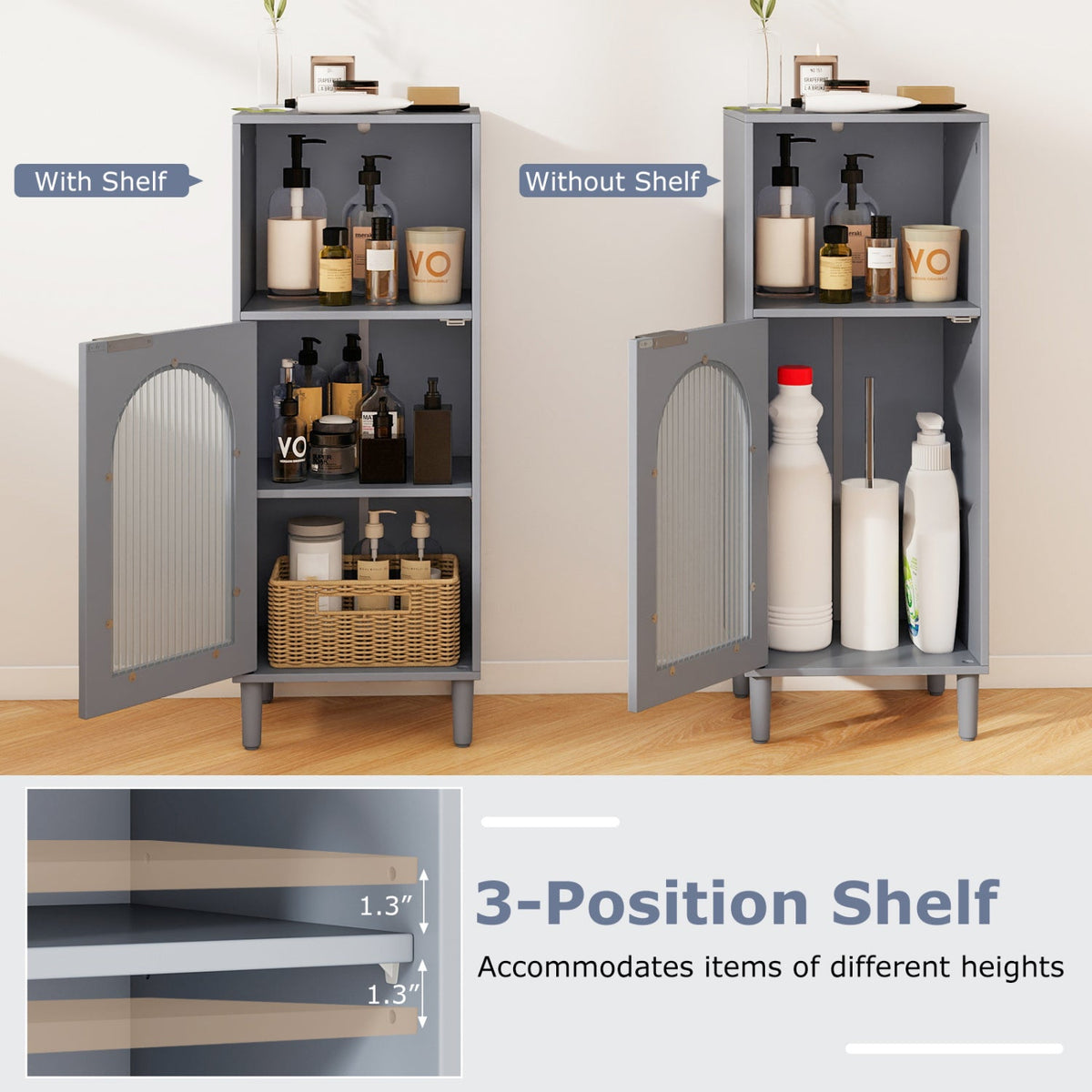 Bathroom Floor Cabinet with Adjustable Shelf and Glass Door