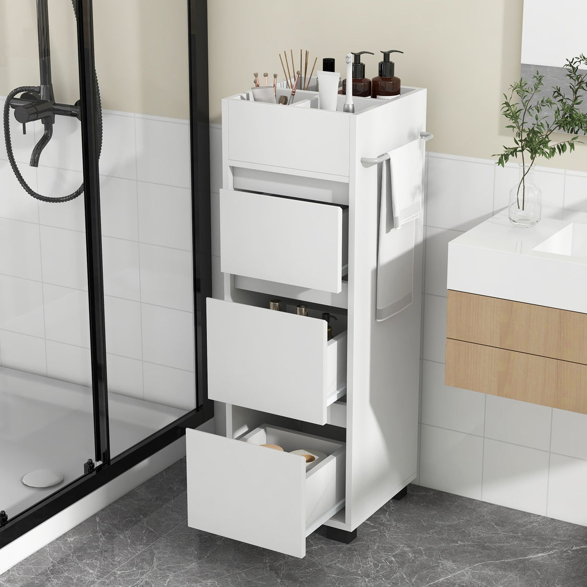 Bathroom Floor Cabinet with 3 Drawers 4 Top Dividers and 1 Towel Rack-White