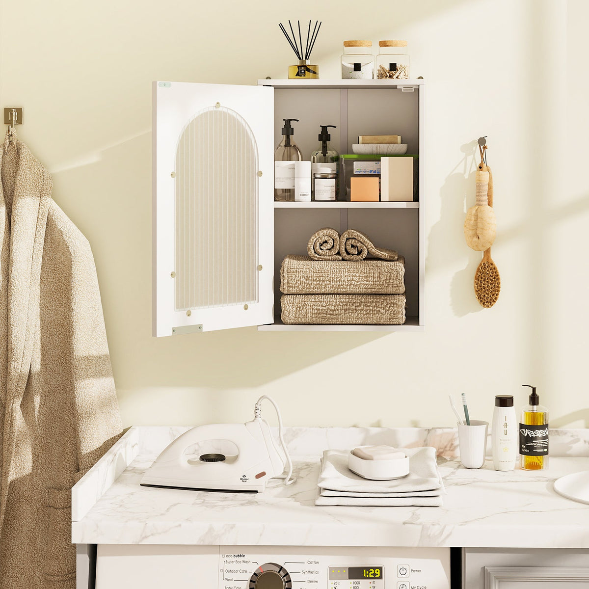 Bathroom Wall Cabinet with Tempered Glass Door and Adjustable Shelf-White