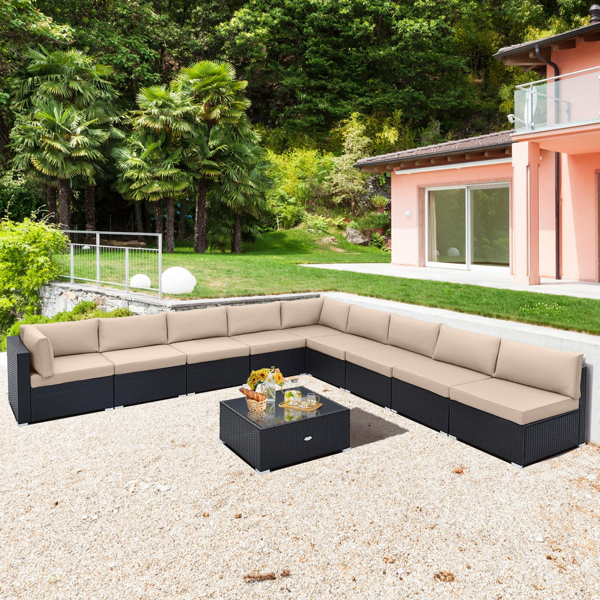 10 Piece Outdoor Wicker Conversation Set with Seat and Back Cushions