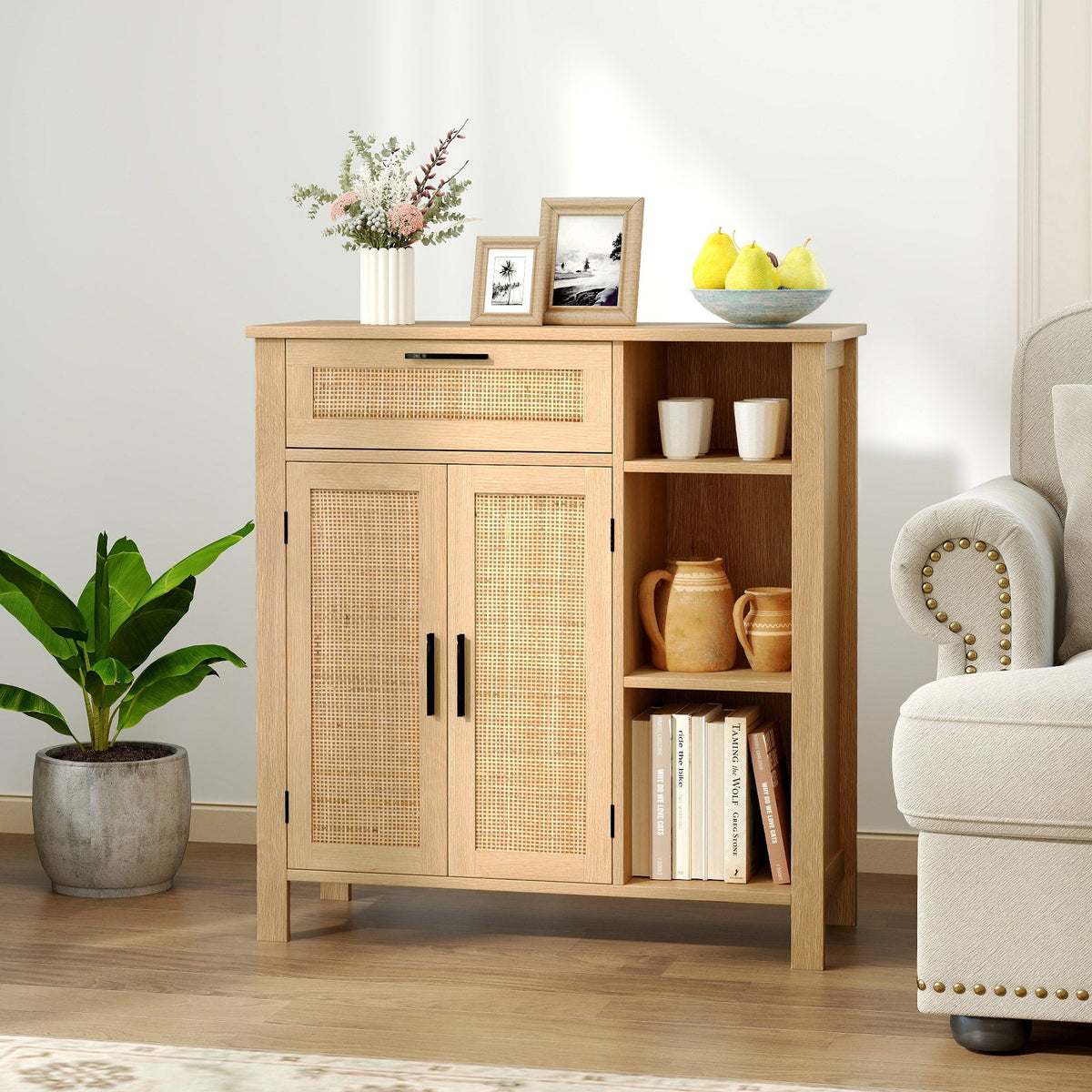 Boho Buffet Sideboard Storage Cabinet with Drawer and Rattan Woven Doors-Natural