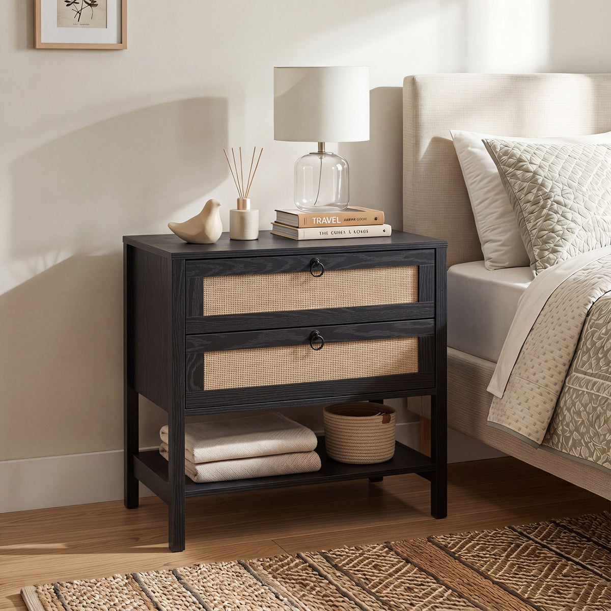 Rattan Nightstand with 2 Drawers and Open Shelf DirectDeals