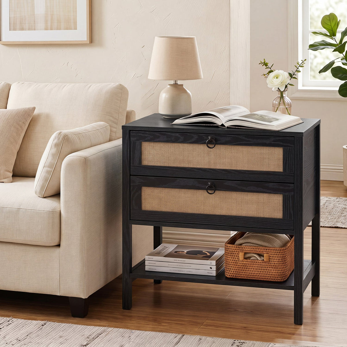 Rattan Nightstand with 2 Drawers and Open Shelf DirectDeals