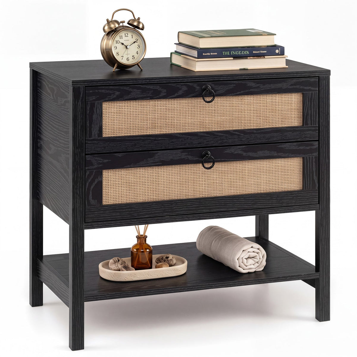 Rattan Nightstand with 2 Drawers and Open Shelf DirectDeals