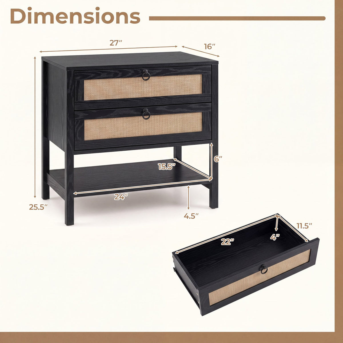 Rattan Nightstand with 2 Drawers and Open Shelf DirectDeals