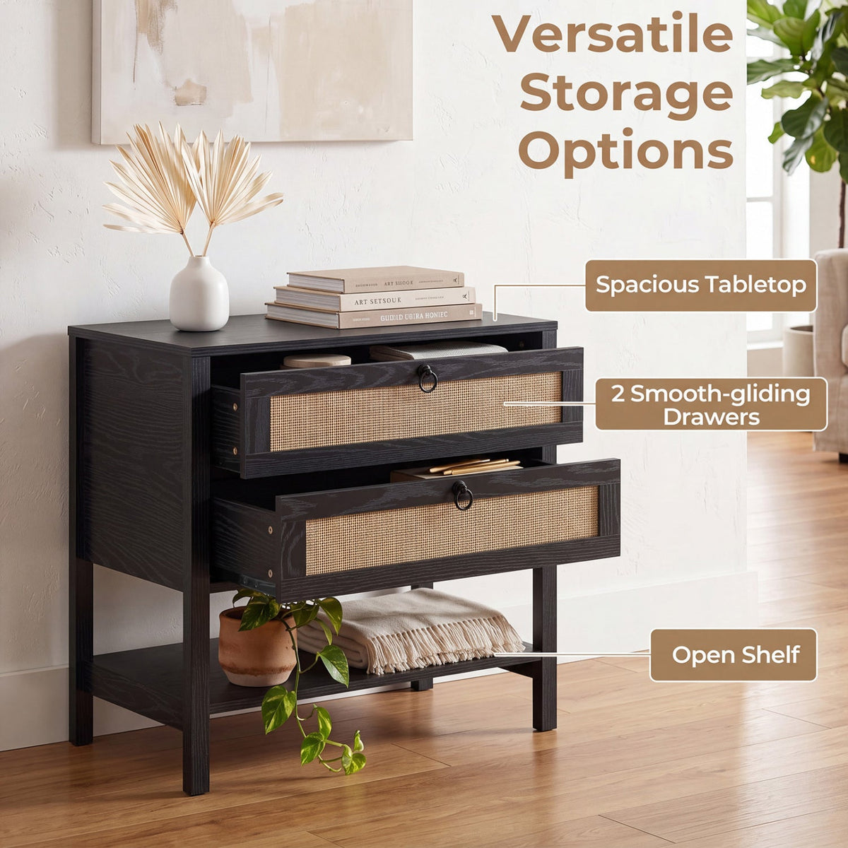 Rattan Nightstand with 2 Drawers and Open Shelf DirectDeals