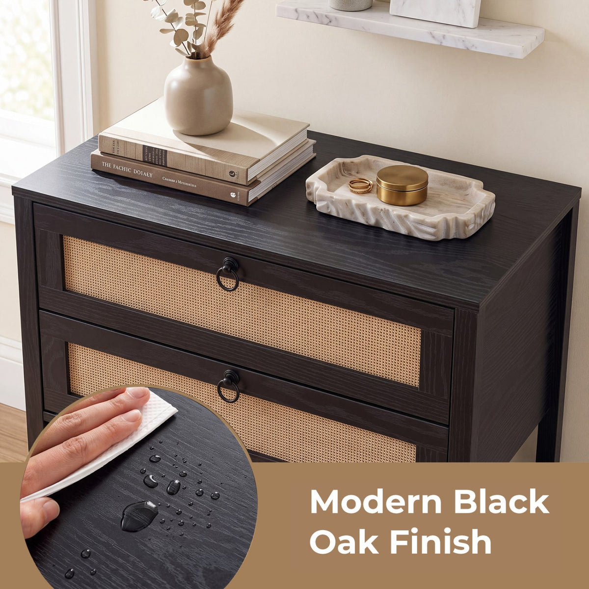 Rattan Nightstand with 2 Drawers and Open Shelf DirectDeals