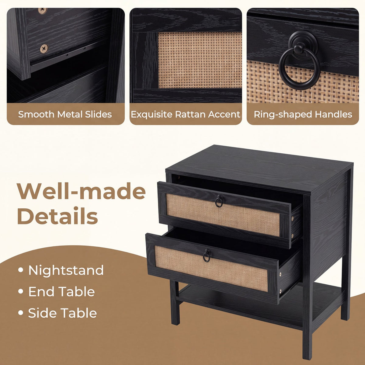 Rattan Nightstand with 2 Drawers and Open Shelf DirectDeals