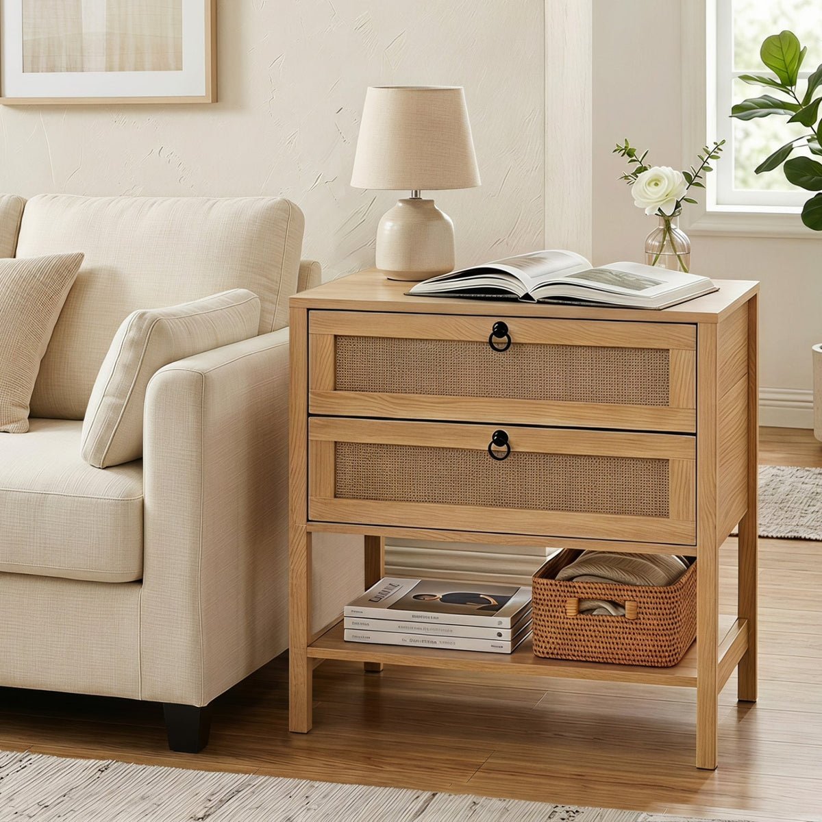 Rattan Nightstand with 2 Drawers and Open Shelf DirectDeals