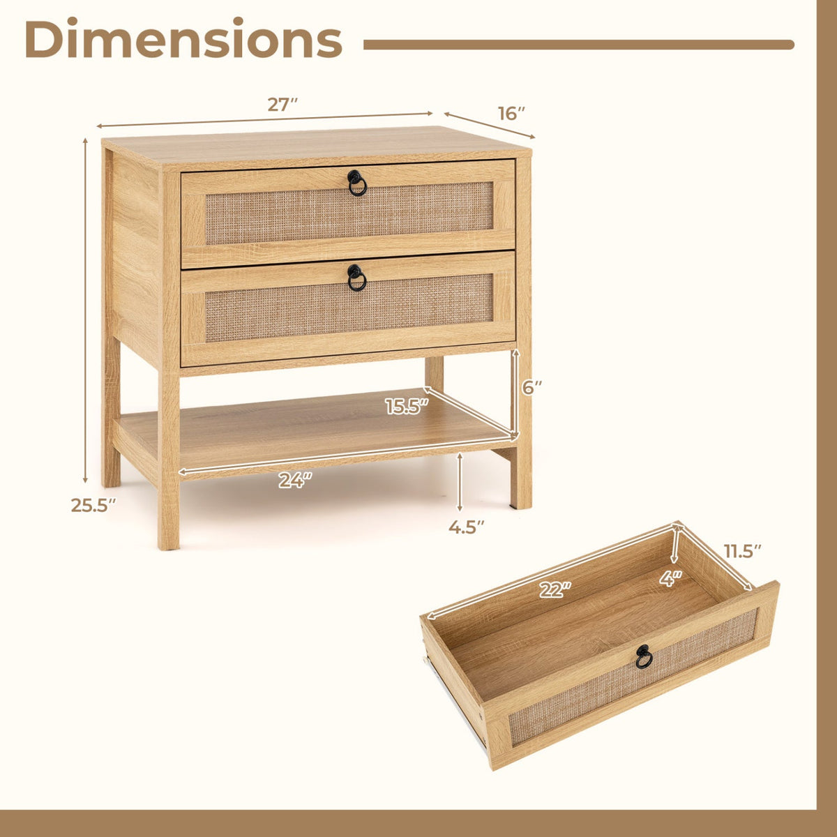 Rattan Nightstand with 2 Drawers and Open Shelf DirectDeals