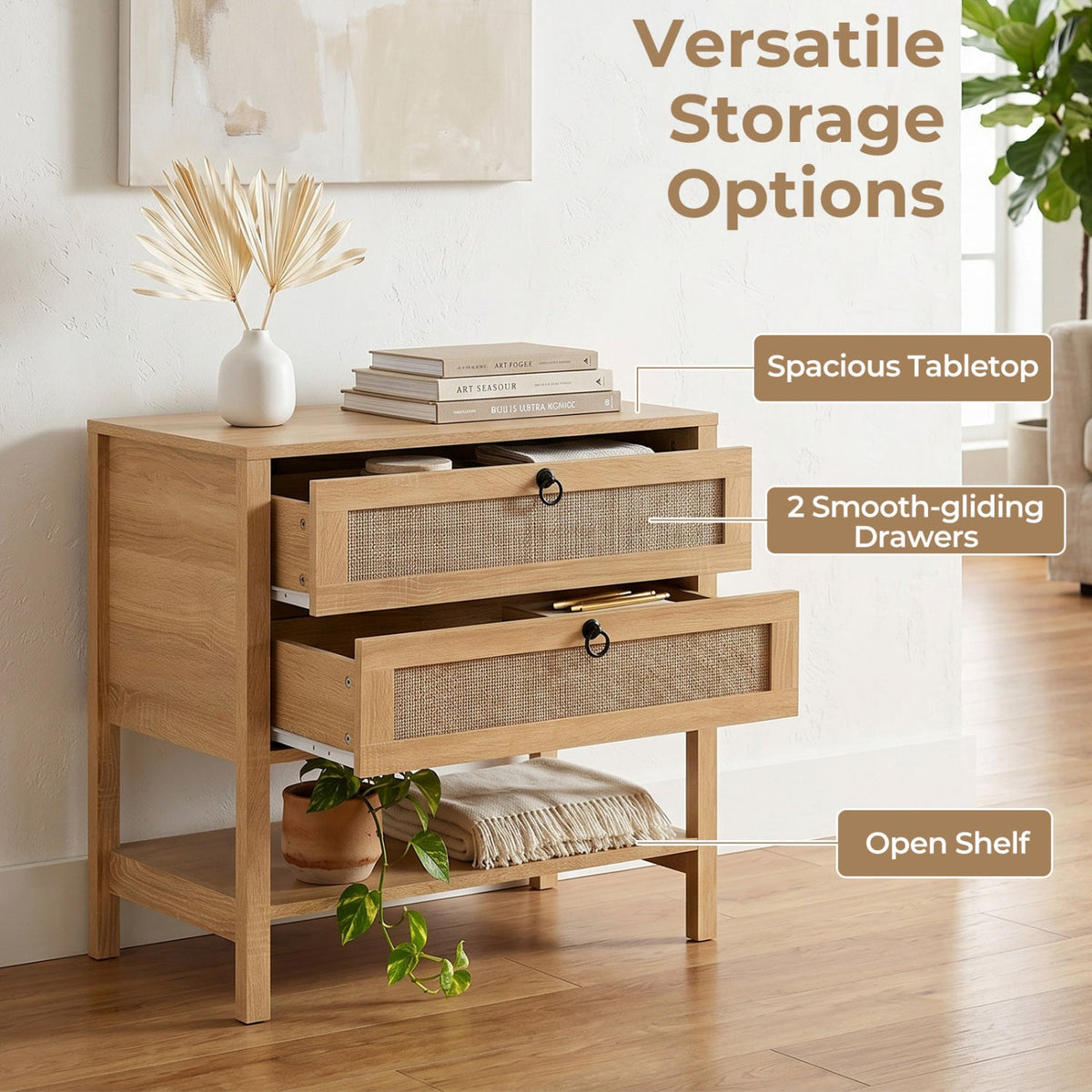 Rattan Nightstand with 2 Drawers and Open Shelf DirectDeals