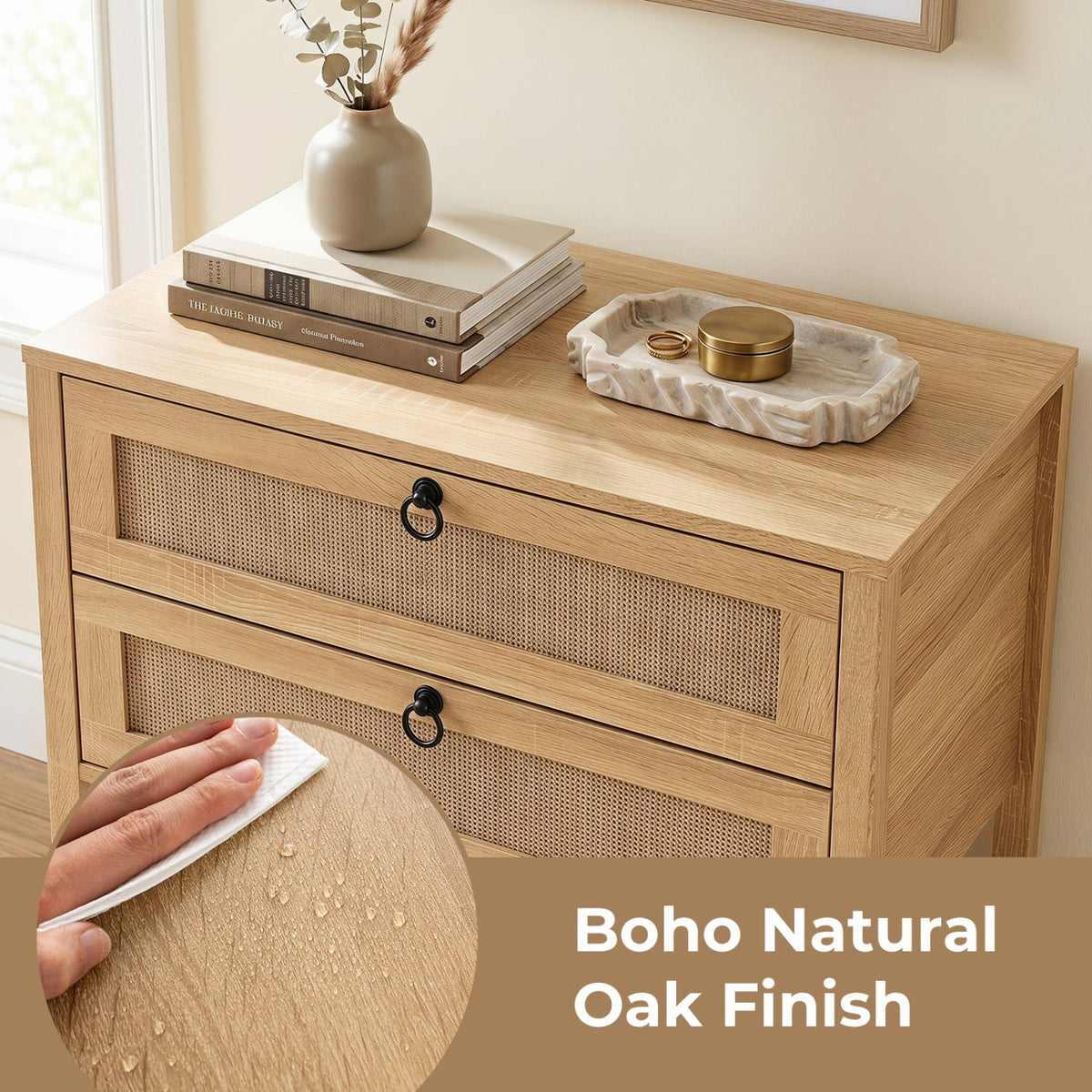 Rattan Nightstand with 2 Drawers and Open Shelf DirectDeals