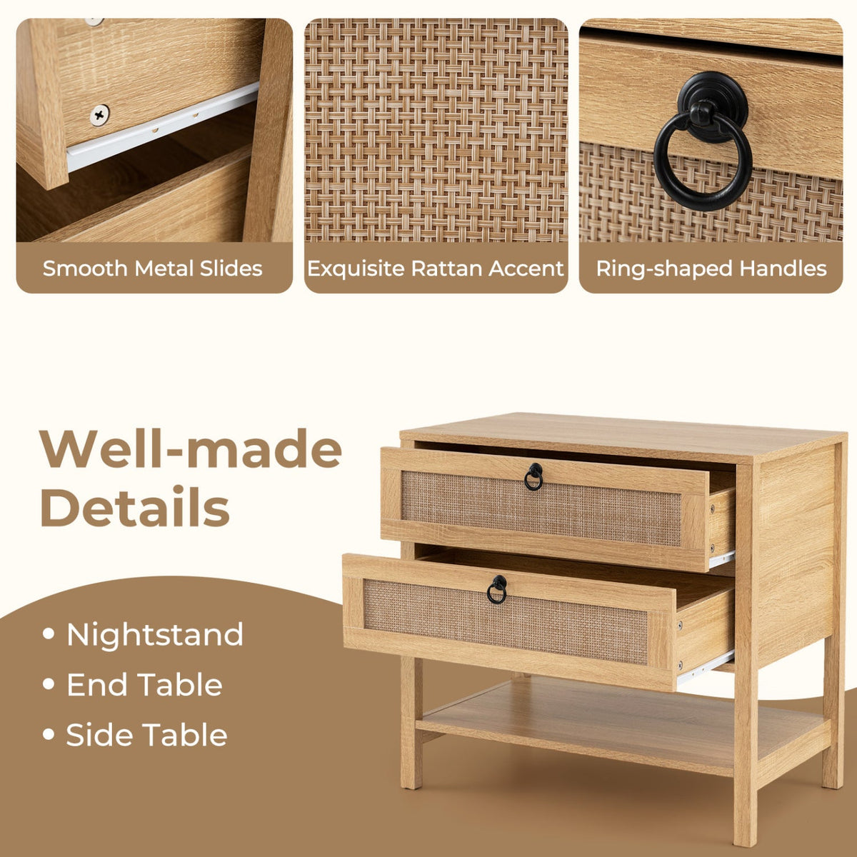 Rattan Nightstand with 2 Drawers and Open Shelf DirectDeals