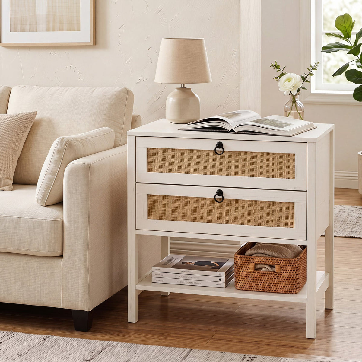 Rattan Nightstand with 2 Drawers and Open Shelf DirectDeals