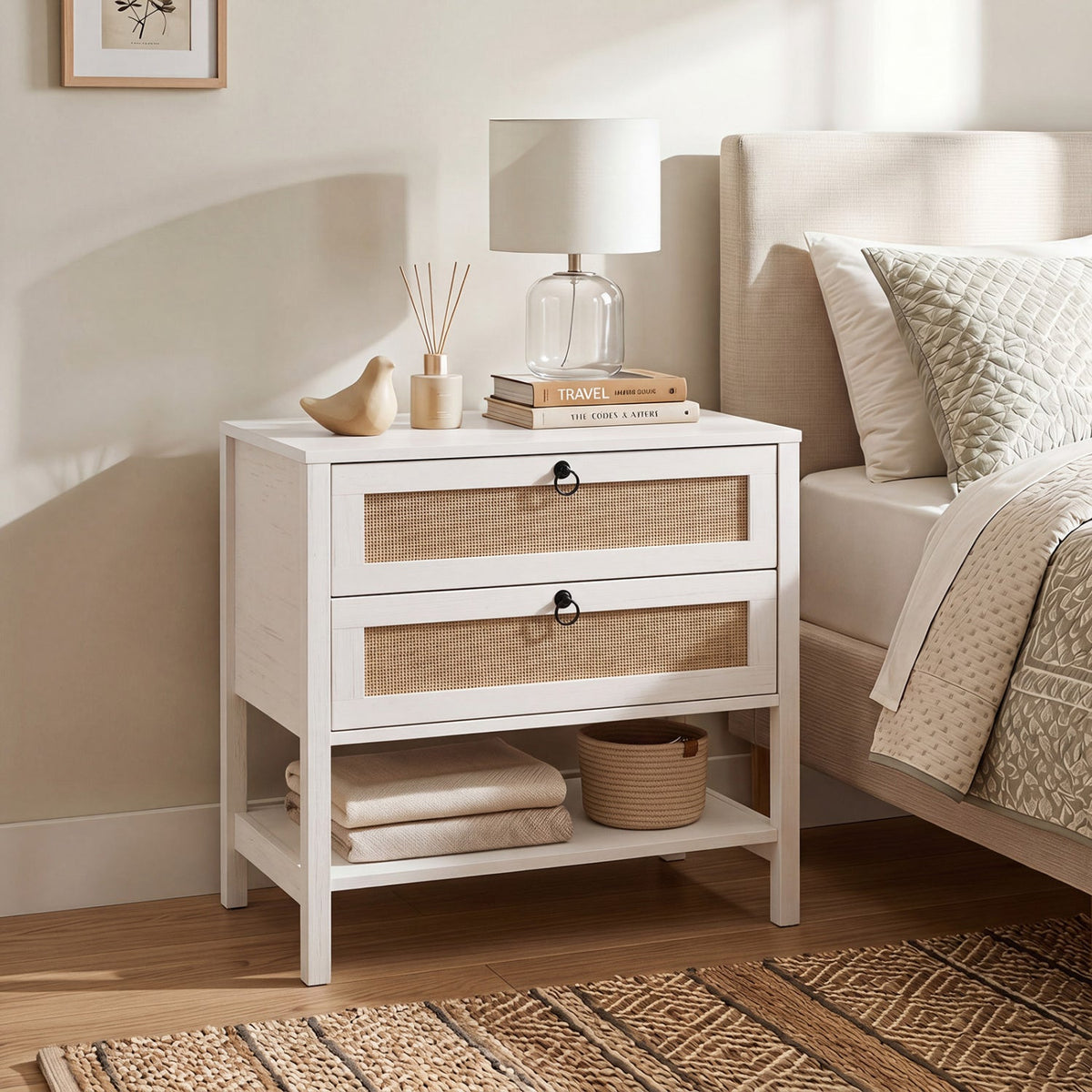 Rattan Nightstand with 2 Drawers and Open Shelf DirectDeals