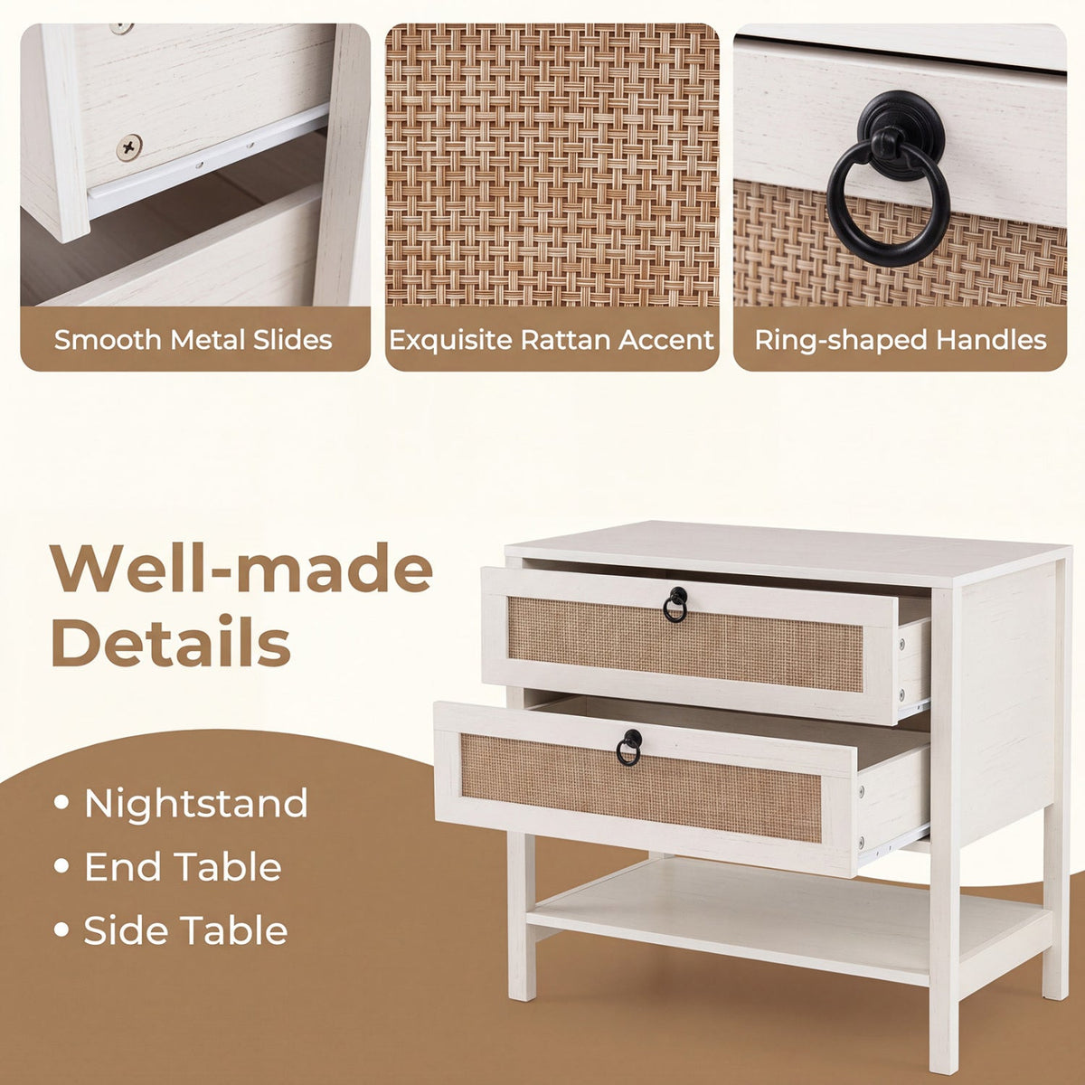 Rattan Nightstand with 2 Drawers and Open Shelf DirectDeals