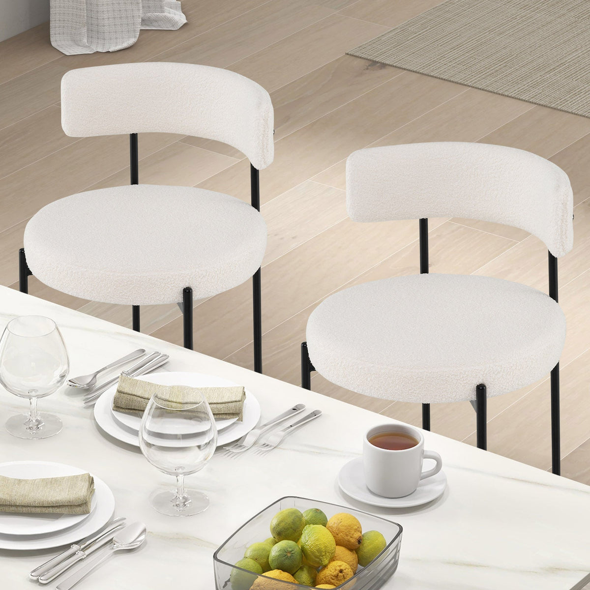 Boucle Dining Chair with Curved Backrest and Metal Legs Set of 4-White